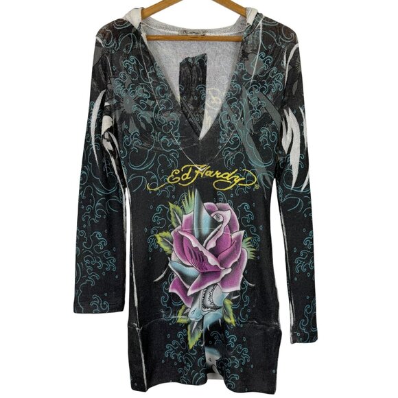 Ed Hardy Tops - Ed Hardy Shark Rose Tattoo Graphic Tunic Hoodie Medium Vtg Y2K Long Sleeve USA